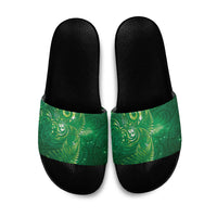 Aotearoa New Zealand New Year Slide Sandals Tribal Koru Tattoo Green Galaxy Maori Silver Fern