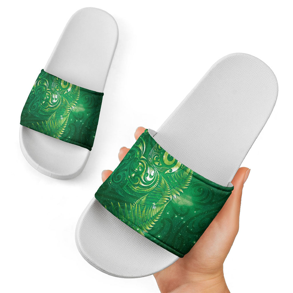 Aotearoa New Zealand New Year Slide Sandals Tribal Koru Tattoo Green Galaxy Maori Silver Fern