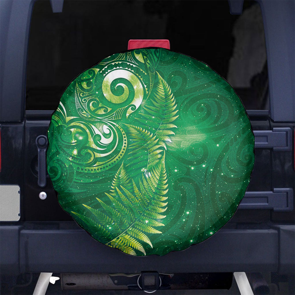 Aotearoa New Zealand New Year Spare Tire Cover Tribal Koru Tattoo Green Galaxy Maori Silver Fern