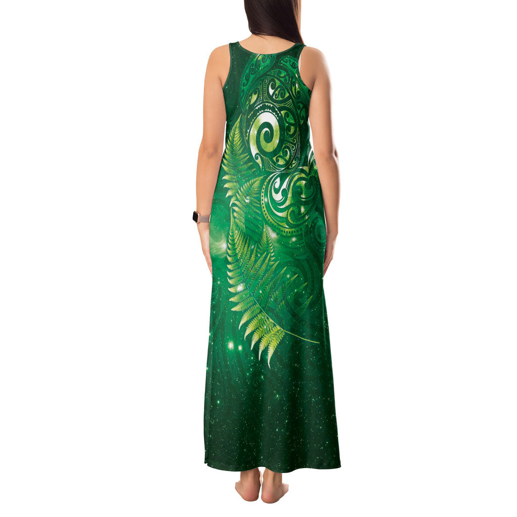 Aotearoa New Zealand New Year Tank Maxi Dress Tribal Koru Tattoo Green Galaxy Maori Silver Fern