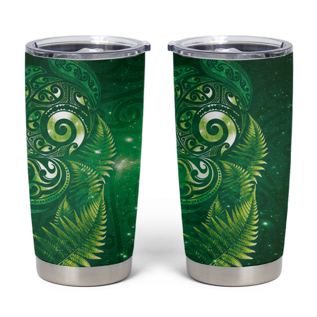 Aotearoa New Zealand New Year Tumbler Cup Tribal Koru Tattoo Green Galaxy Maori Silver Fern LT03 Green - Polynesian Pride