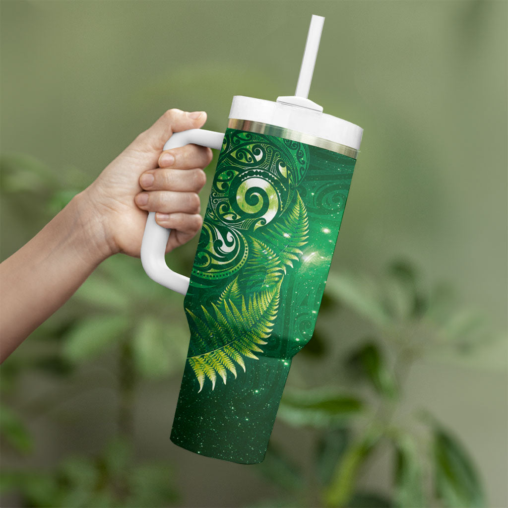 Aotearoa New Zealand New Year Tumbler With Handle Tribal Koru Tattoo Green Galaxy Maori Silver Fern