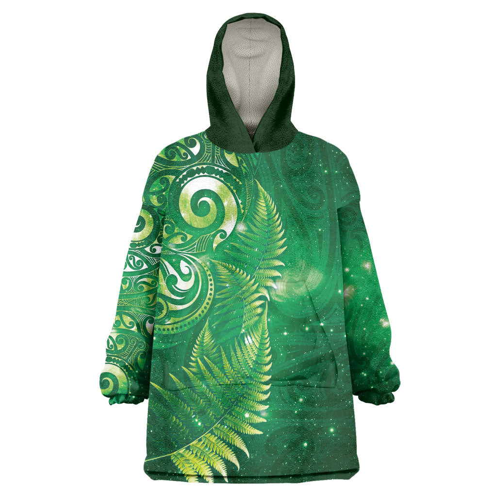 Aotearoa New Zealand New Year Wearable Blanket Hoodie Tribal Koru Tattoo Green Galaxy Maori Silver Fern