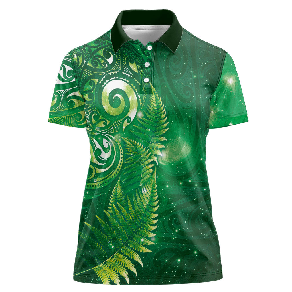 Aotearoa New Zealand New Year Women Polo Shirt Tribal Koru Tattoo Green Galaxy Maori Silver Fern