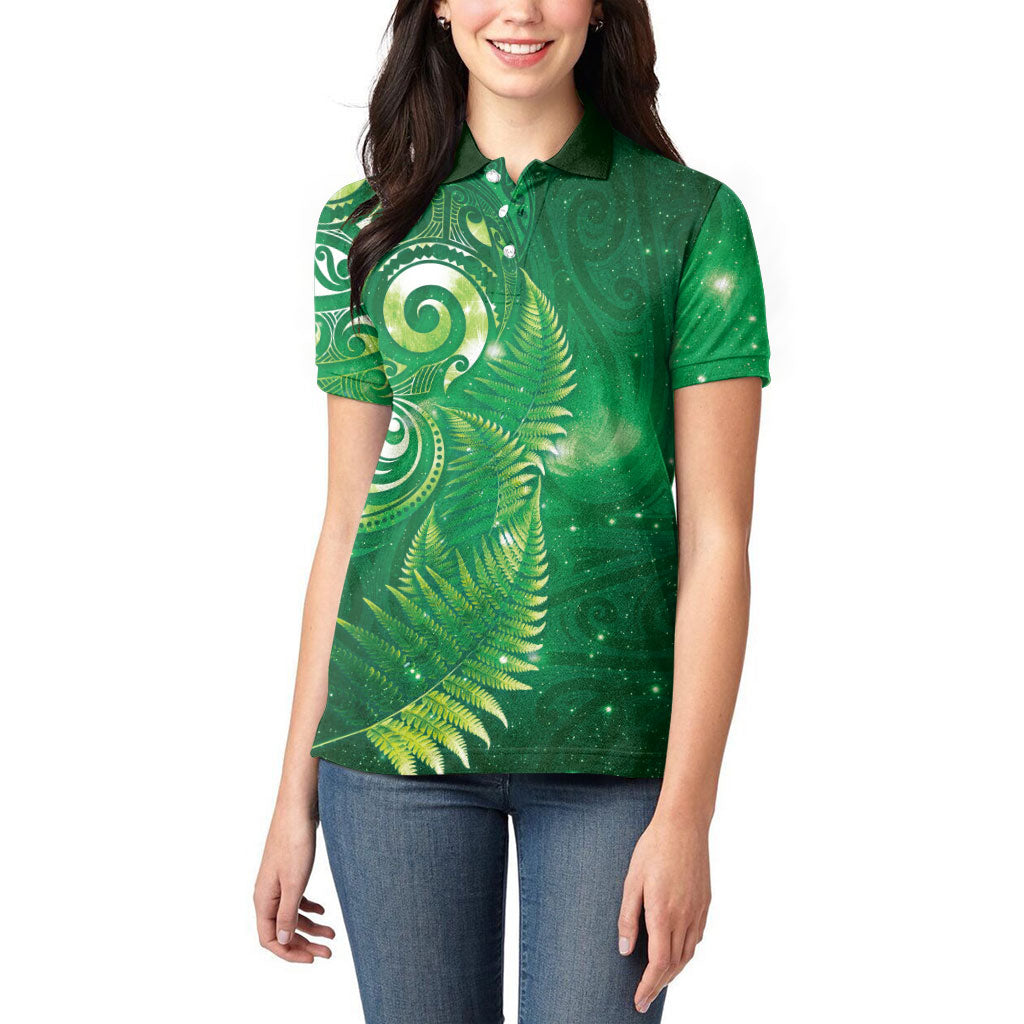 Aotearoa New Zealand New Year Women Polo Shirt Tribal Koru Tattoo Green Galaxy Maori Silver Fern