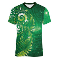 Aotearoa New Zealand New Year Women V-Neck T-Shirt Tribal Koru Tattoo Green Galaxy Maori Silver Fern