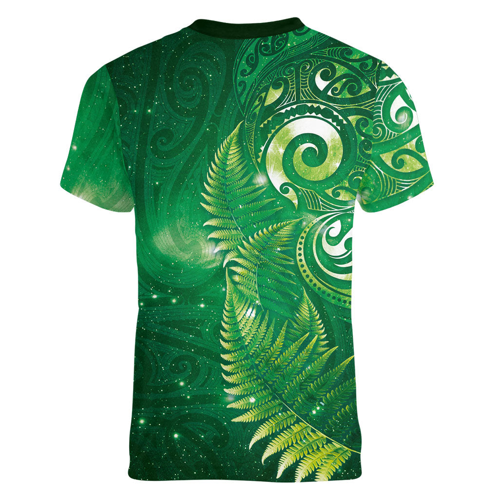Aotearoa New Zealand New Year Women V-Neck T-Shirt Tribal Koru Tattoo Green Galaxy Maori Silver Fern