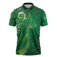 Aotearoa New Zealand New Year Zipper Polo Shirt Tribal Koru Tattoo Green Galaxy Maori Silver Fern