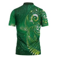 Aotearoa New Zealand New Year Zipper Polo Shirt Tribal Koru Tattoo Green Galaxy Maori Silver Fern