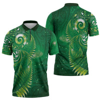 Aotearoa New Zealand New Year Zipper Polo Shirt Tribal Koru Tattoo Green Galaxy Maori Silver Fern