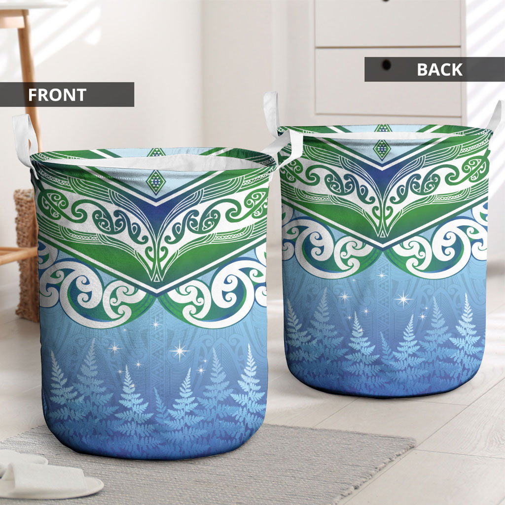 Aotearoa New Zealand New Year Laundry Basket Maori Motifs with Silver Fern and Matariki Stars