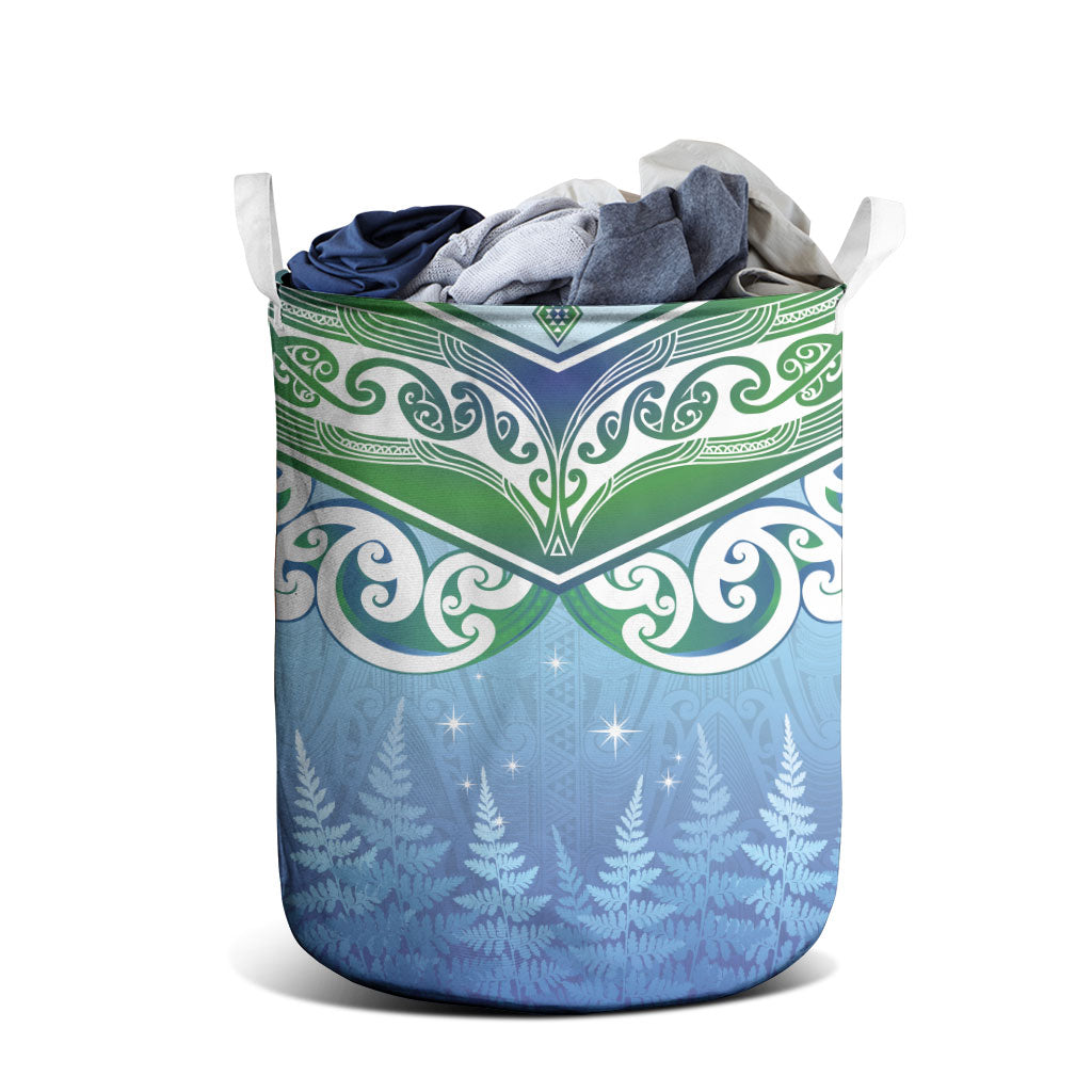 Aotearoa New Zealand New Year Laundry Basket Maori Motifs with Silver Fern and Matariki Stars