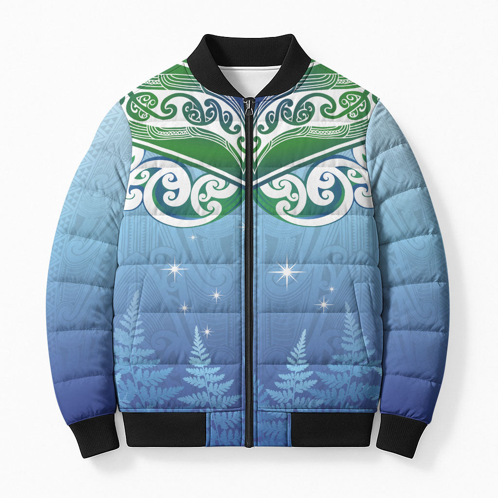 Aotearoa New Zealand New Year Bomber Puffer Jacket Maori Motifs with Silver Fern and Matariki Stars