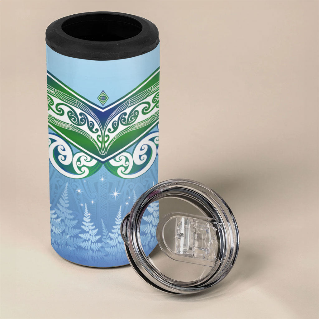 Aotearoa New Zealand New Year 4 in 1 Can Cooler Tumbler Maori Motifs with Silver Fern and Matariki Stars