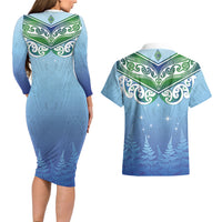 Aotearoa New Zealand New Year Couples Matching Long Sleeve Bodycon Dress and Hawaiian Shirt Maori Motifs with Silver Fern and Matariki Stars