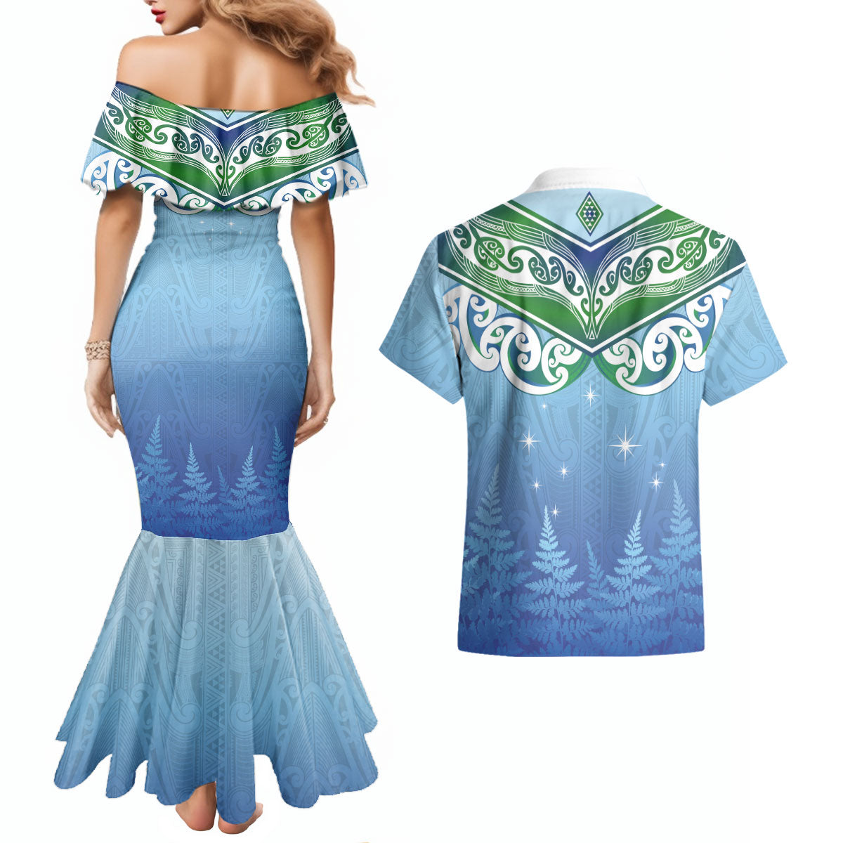 Aotearoa New Zealand New Year Couples Matching Mermaid Dress and Hawaiian Shirt Maori Motifs with Silver Fern and Matariki Stars