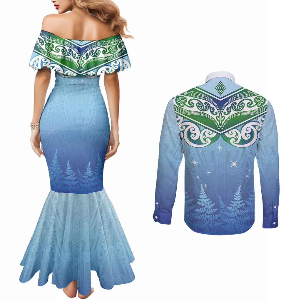 Aotearoa New Zealand New Year Couples Matching Mermaid Dress and Long Sleeve Button Shirt Maori Motifs with Silver Fern and Matariki Stars