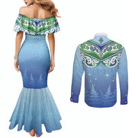 Aotearoa New Zealand New Year Couples Matching Mermaid Dress and Long Sleeve Button Shirt Maori Motifs with Silver Fern and Matariki Stars