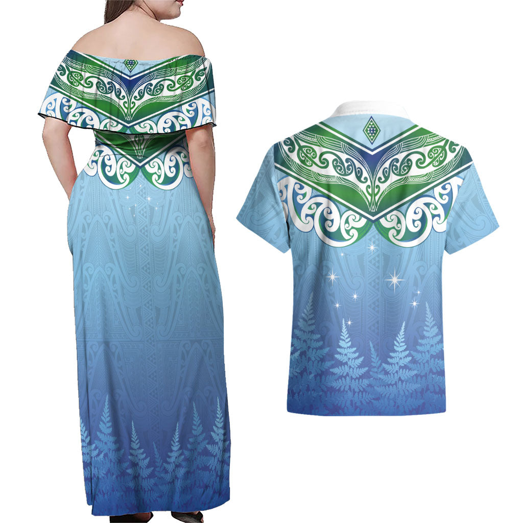 Aotearoa New Zealand New Year Couples Matching Off Shoulder Maxi Dress and Hawaiian Shirt Maori Motifs with Silver Fern and Matariki Stars