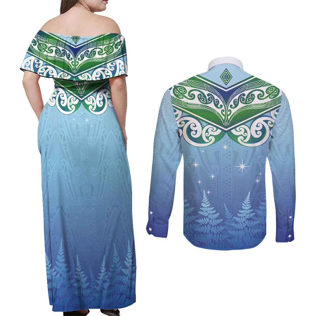 Aotearoa New Zealand New Year Couples Matching Off Shoulder Maxi Dress and Long Sleeve Button Shirt Maori Motifs with Silver Fern and Matariki Stars
