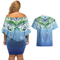 Aotearoa New Zealand New Year Couples Matching Off Shoulder Short Dress and Hawaiian Shirt Maori Motifs with Silver Fern and Matariki Stars