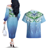 Aotearoa New Zealand New Year Couples Matching Off The Shoulder Long Sleeve Dress and Hawaiian Shirt Maori Motifs with Silver Fern and Matariki Stars