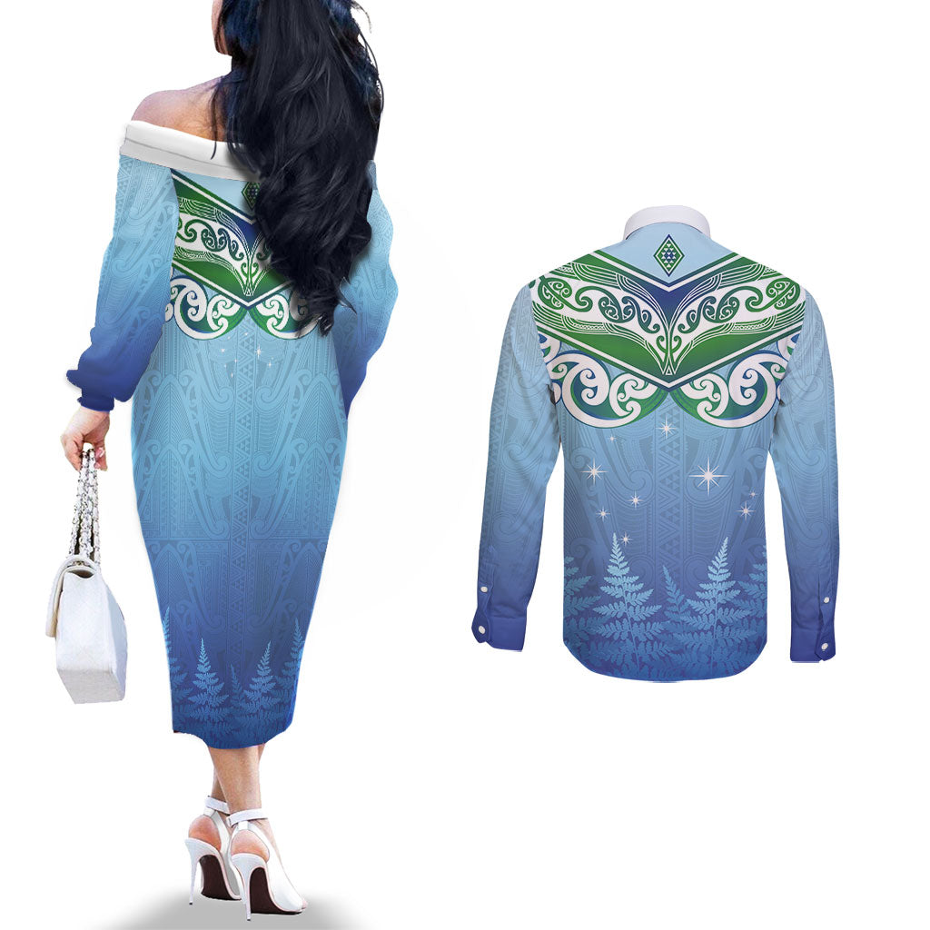 Aotearoa New Zealand New Year Couples Matching Off The Shoulder Long Sleeve Dress and Long Sleeve Button Shirt Maori Motifs with Silver Fern and Matariki Stars