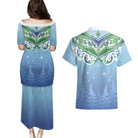 Aotearoa New Zealand New Year Couples Matching Puletasi and Hawaiian Shirt Maori Motifs with Silver Fern and Matariki Stars