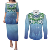 Aotearoa New Zealand New Year Couples Matching Puletasi and Long Sleeve Button Shirt Maori Motifs with Silver Fern and Matariki Stars