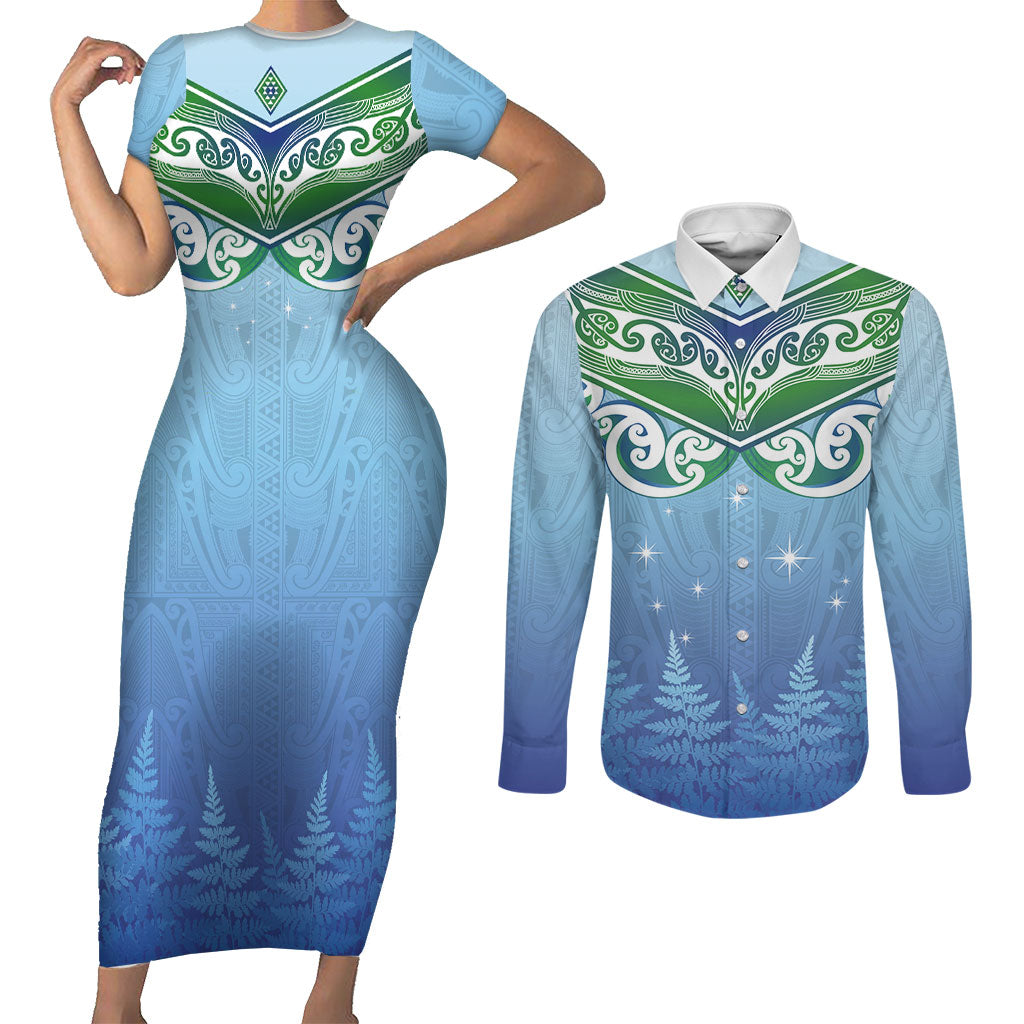 Aotearoa New Zealand New Year Couples Matching Short Sleeve Bodycon Dress and Long Sleeve Button Shirt Maori Motifs with Silver Fern and Matariki Stars
