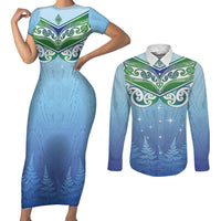 Aotearoa New Zealand New Year Couples Matching Short Sleeve Bodycon Dress and Long Sleeve Button Shirt Maori Motifs with Silver Fern and Matariki Stars