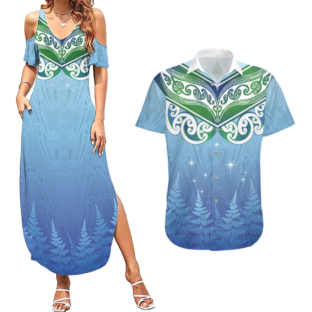 Aotearoa New Zealand New Year Couples Matching Summer Maxi Dress and Hawaiian Shirt Maori Motifs with Silver Fern and Matariki Stars LT03 Multicolor - Polynesian Pride