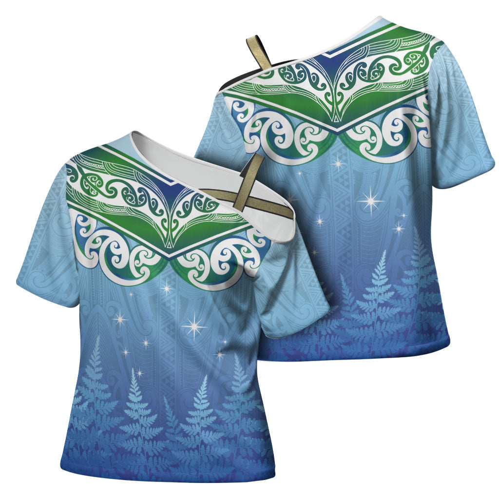 Aotearoa New Zealand New Year Cross Shoulder Shirt Maori Motifs with Silver Fern and Matariki Stars