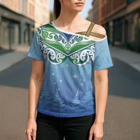 Aotearoa New Zealand New Year Cross Shoulder Shirt Maori Motifs with Silver Fern and Matariki Stars