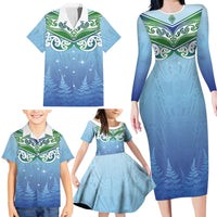 Aotearoa New Zealand New Year Family Matching Long Sleeve Bodycon Dress and Hawaiian Shirt Maori Motifs with Silver Fern and Matariki Stars