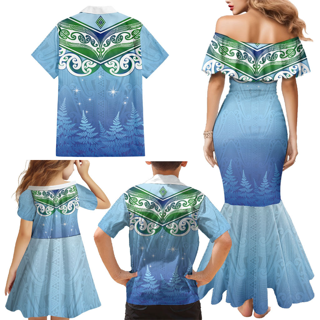 Aotearoa New Zealand New Year Family Matching Mermaid Dress and Hawaiian Shirt Maori Motifs with Silver Fern and Matariki Stars