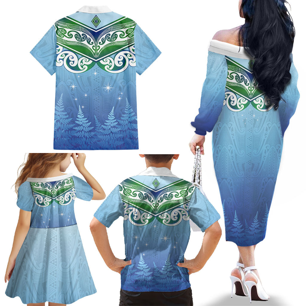 Aotearoa New Zealand New Year Family Matching Off The Shoulder Long Sleeve Dress and Hawaiian Shirt Maori Motifs with Silver Fern and Matariki Stars