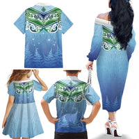 Aotearoa New Zealand New Year Family Matching Off The Shoulder Long Sleeve Dress and Hawaiian Shirt Maori Motifs with Silver Fern and Matariki Stars