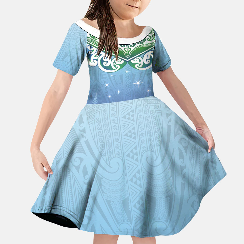 Aotearoa New Zealand New Year Family Matching Off Shoulder Maxi Dress and Hawaiian Shirt Maori Motifs with Silver Fern and Matariki Stars