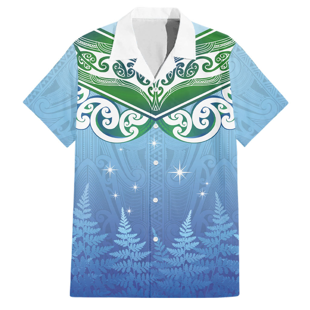 Aotearoa New Zealand New Year Family Matching Off Shoulder Maxi Dress and Hawaiian Shirt Maori Motifs with Silver Fern and Matariki Stars