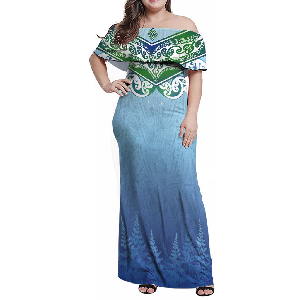 Aotearoa New Zealand New Year Family Matching Off Shoulder Maxi Dress and Hawaiian Shirt Maori Motifs with Silver Fern and Matariki Stars