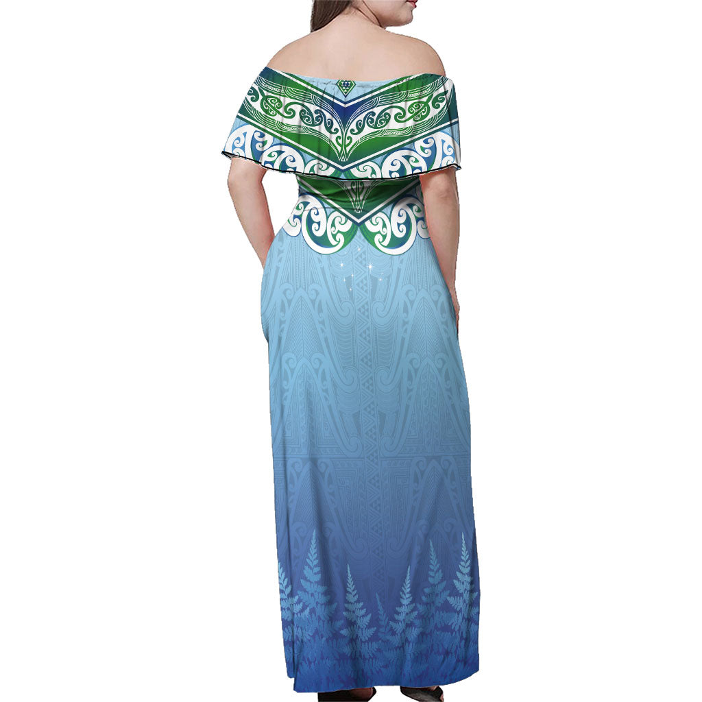 Aotearoa New Zealand New Year Family Matching Off Shoulder Maxi Dress and Hawaiian Shirt Maori Motifs with Silver Fern and Matariki Stars
