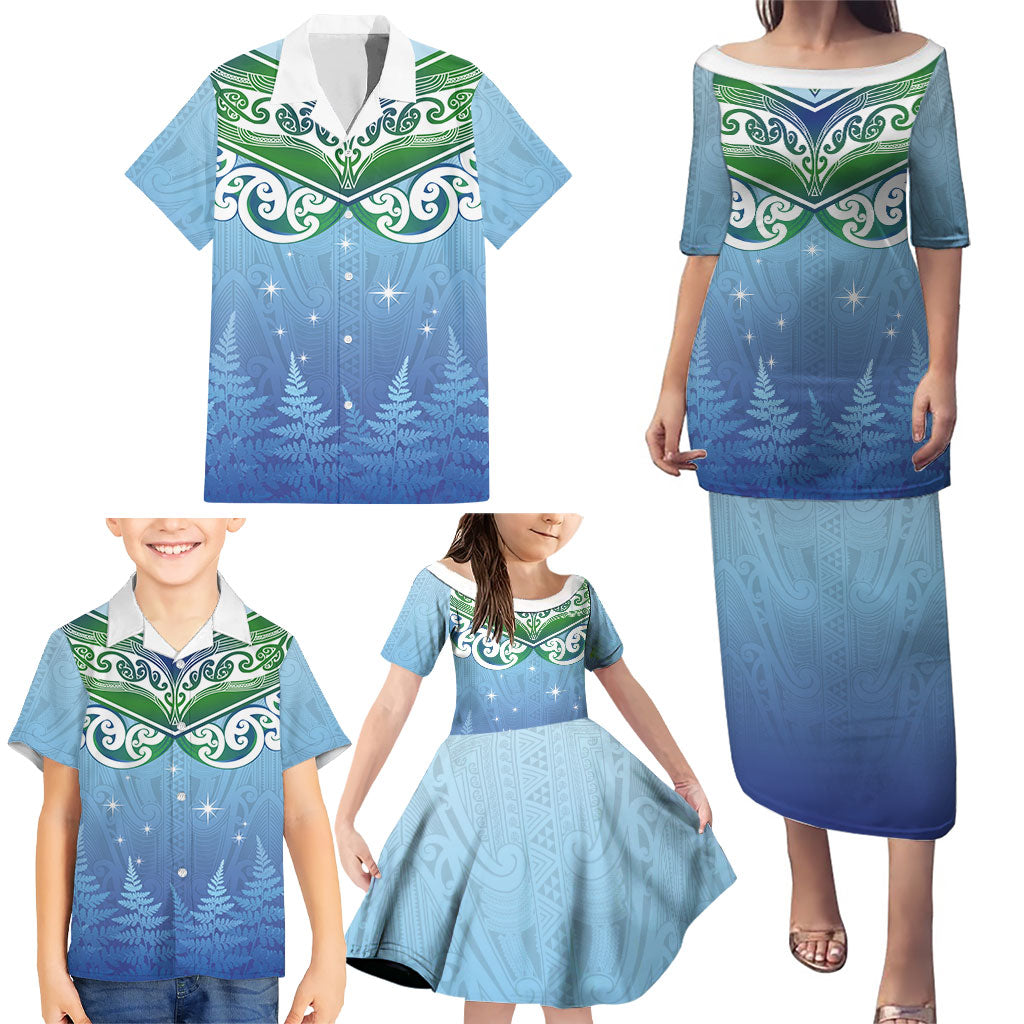 Aotearoa New Zealand New Year Family Matching Puletasi and Hawaiian Shirt Maori Motifs with Silver Fern and Matariki Stars