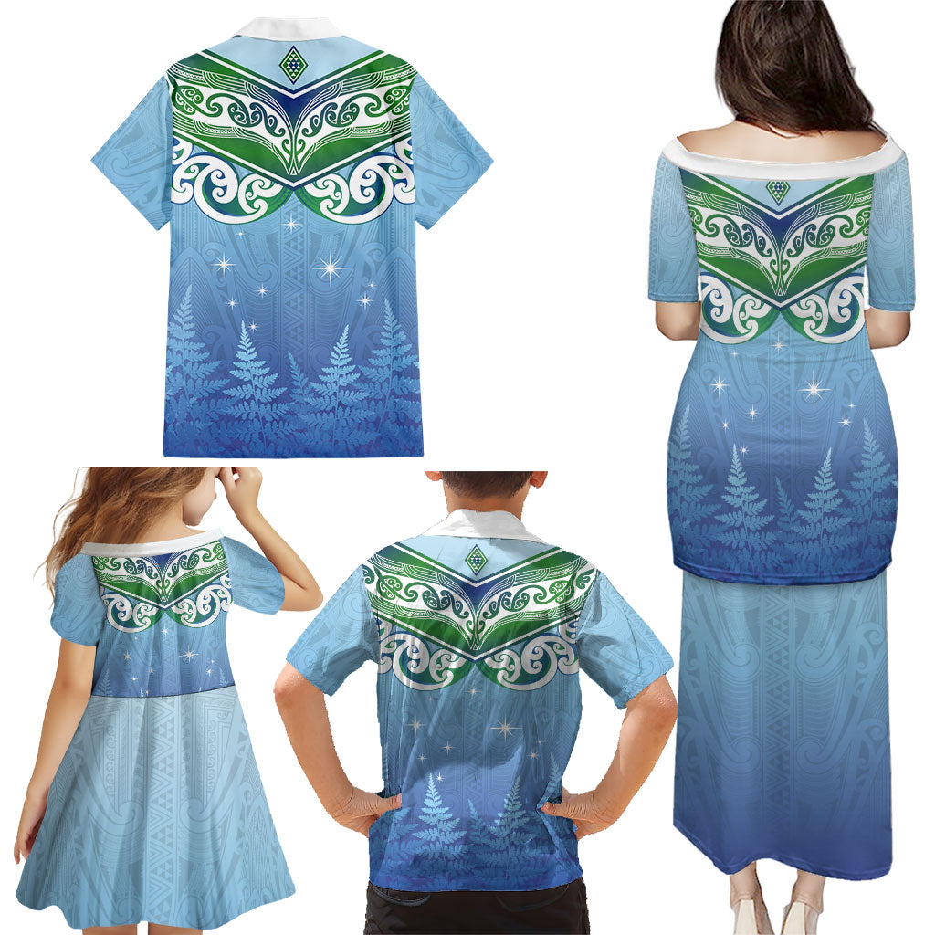 Aotearoa New Zealand New Year Family Matching Puletasi and Hawaiian Shirt Maori Motifs with Silver Fern and Matariki Stars
