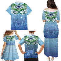 Aotearoa New Zealand New Year Family Matching Puletasi and Hawaiian Shirt Maori Motifs with Silver Fern and Matariki Stars