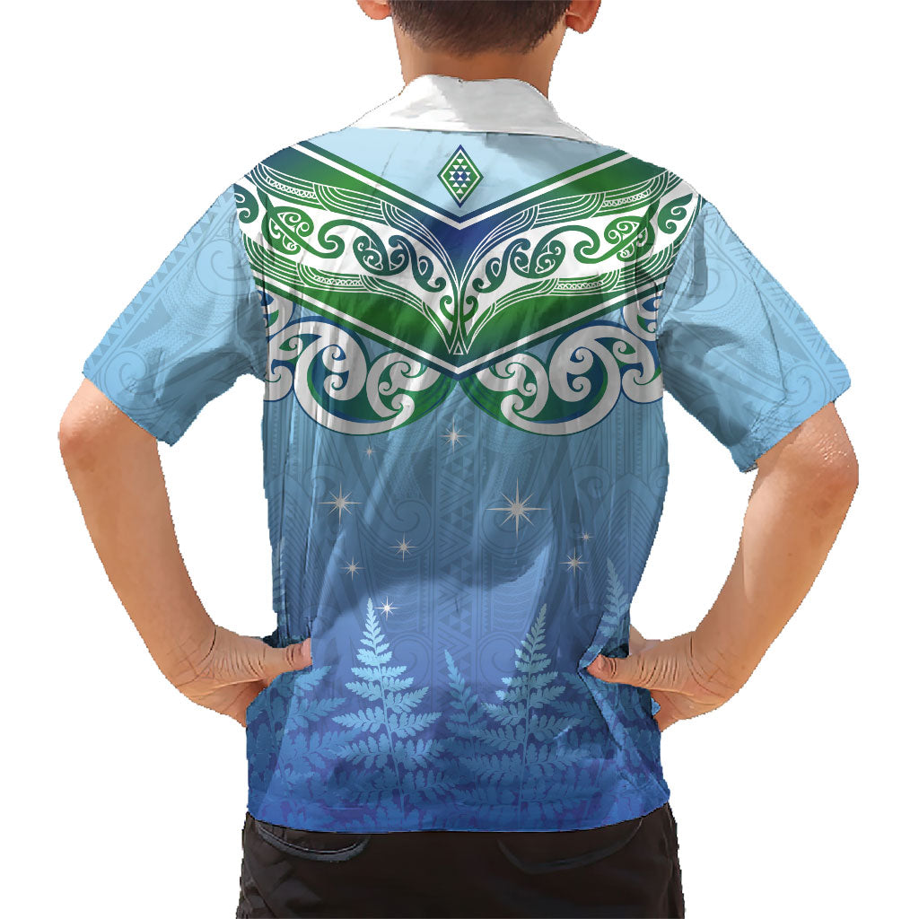 Aotearoa New Zealand New Year Family Matching Short Sleeve Bodycon Dress and Hawaiian Shirt Maori Motifs with Silver Fern and Matariki Stars