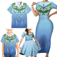 Aotearoa New Zealand New Year Family Matching Short Sleeve Bodycon Dress and Hawaiian Shirt Maori Motifs with Silver Fern and Matariki Stars