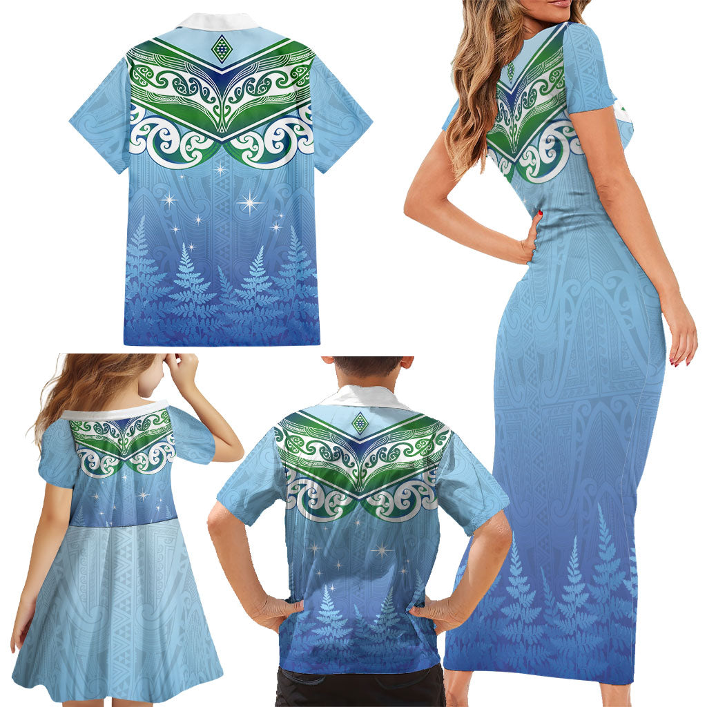 Aotearoa New Zealand New Year Family Matching Short Sleeve Bodycon Dress and Hawaiian Shirt Maori Motifs with Silver Fern and Matariki Stars