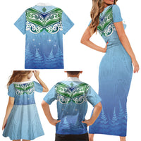 Aotearoa New Zealand New Year Family Matching Short Sleeve Bodycon Dress and Hawaiian Shirt Maori Motifs with Silver Fern and Matariki Stars