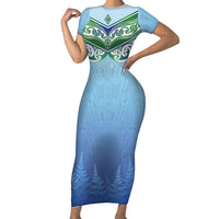 Aotearoa New Zealand New Year Family Matching Short Sleeve Bodycon Dress and Hawaiian Shirt Maori Motifs with Silver Fern and Matariki Stars